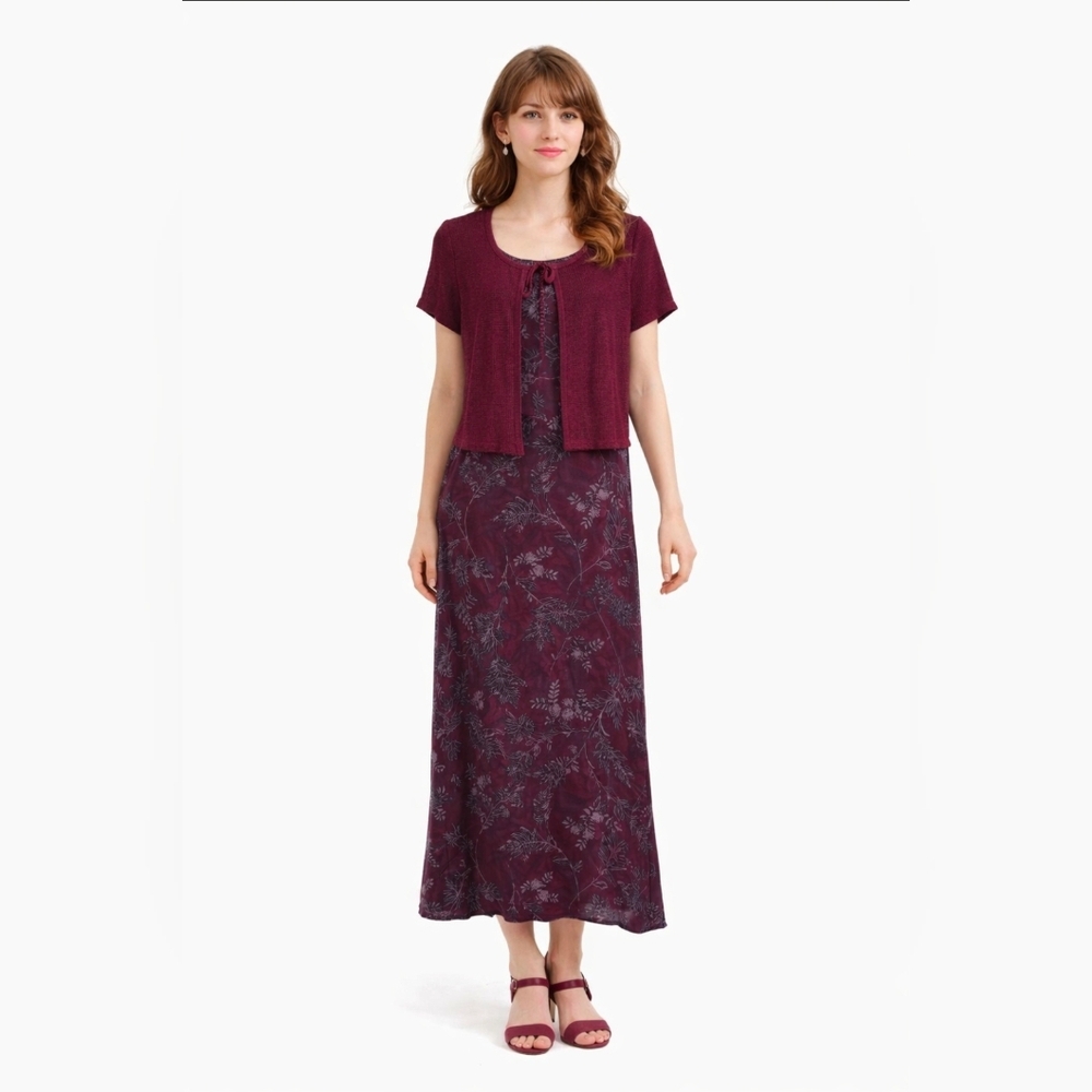All That Jazz Vintage Women's Maxi Dress Burgundy Floral Print Y2K 90s Size 9/10